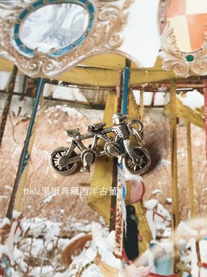 黑爾典藏西洋古董~純925銀立體協力復古雙人腳踏車銀墜 ~Vintage法式鄉村鐵牌美國工業