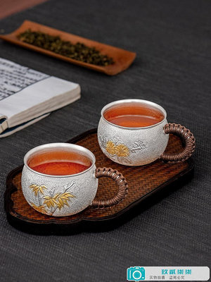 銀杯子純銀999梅蘭竹菊主人杯功夫茶具大容量品茗杯茶杯.
