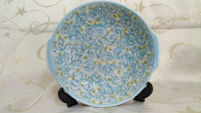 arimi日本製 有見窯 藍色玫瑰花浮雕  雙耳盤 陶瓷盤碟  14.5cm