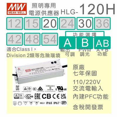 【保固附發票】MW 明緯 120W LED Driver 照明電源 HLG-120H-20 20V 30 30V 驅動器