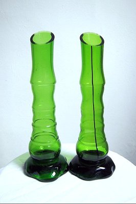 老玻璃花瓶竹子竹節綠玻璃藝術品玻璃工藝品台灣民藝一對【心生活美學】