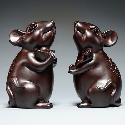 現貨：黑檀木雕老鼠擺件實木十二生肖木制鼠家居客廳辦公桌面裝飾工藝品