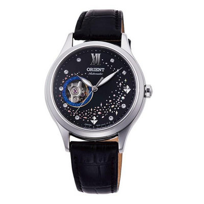 「官方授權」ORIENT東方錶 女藍月奇蹟鏤空機械錶 皮帶款 黑色RA-AG0019B