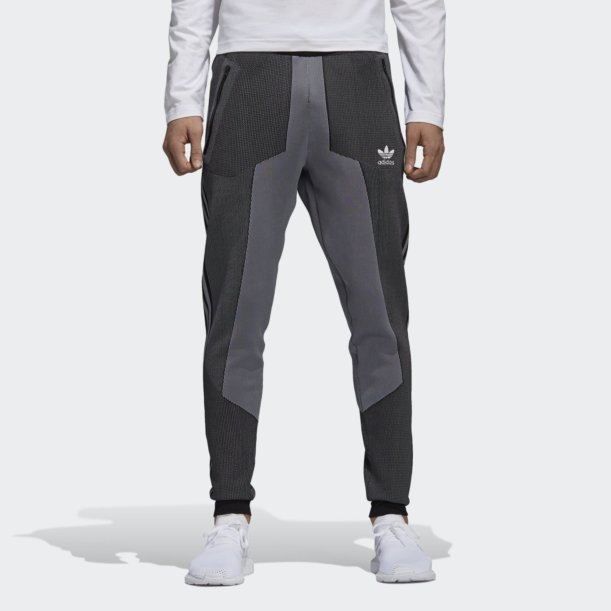 Adidas PLGN CW5112 灰色電繡LOGO 合身窄管拼接色塊束口運動長褲運動褲 