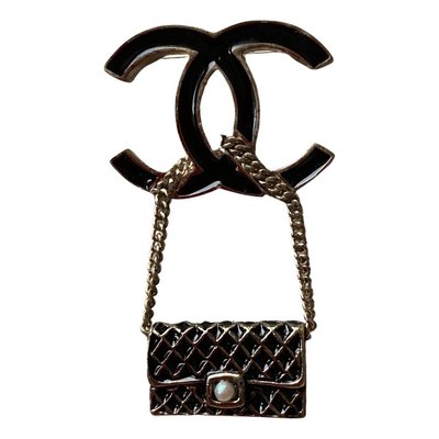Chanel vintage香奈兒復古中性款超美黑金cc標誌經典鍊條coco包造形珍珠胸針別針