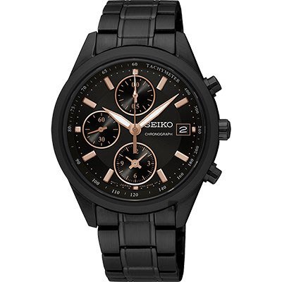 【金台鐘錶】SEIKO 精工 時尚三眼計錶 黑鋼帶錶 黑X玫瑰金 (女錶）SNDV57P1 SNDV57