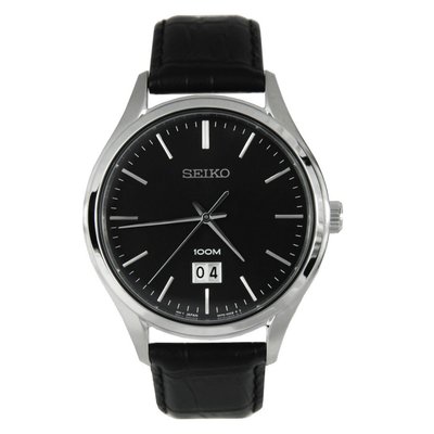 SEIKO WATCH 精工大錶面100米單日期灰黑面時尚石英皮帶腕錶 型號 :SUR023P2 【神梭鐘錶】