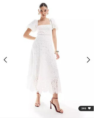 (嫻嫻屋) 英國ASOS-Maya白色蕾絲方領泡泡袖綁帶背露美背中長裙洋裝禮服 AE24