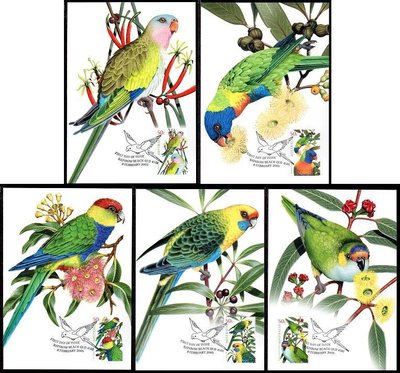 【KK郵票】《原圖卡》澳洲郵政發行鸚鵡原圖卡，貼全套澳洲鸚鵡郵票全套五張