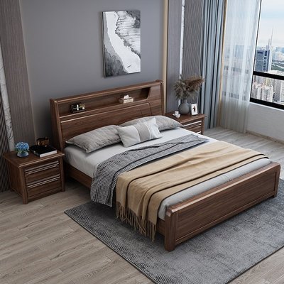 特賣-胡桃木實木床1.8米雙人床現代簡約1.5米新中式高箱儲物主臥收納床