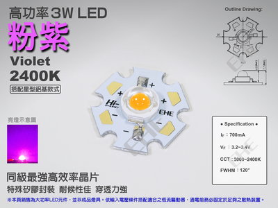 EHE】高功率3W 2400K 粉紫光LED【搭星型鋁基】3H0VL。適DIY改裝製作機車小燈/定位燈/魚眼等應用