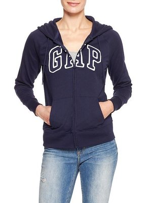 【Gap】女裝大人Logo棉質刷毛長袖連帽外套夾克 帽T 深藍色