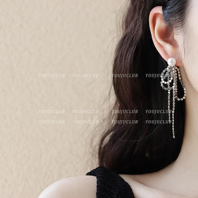 YOUJUclub | 珍珠金屬鍊條流蘇長款氣質個性設計款耳釘耳環耳夾