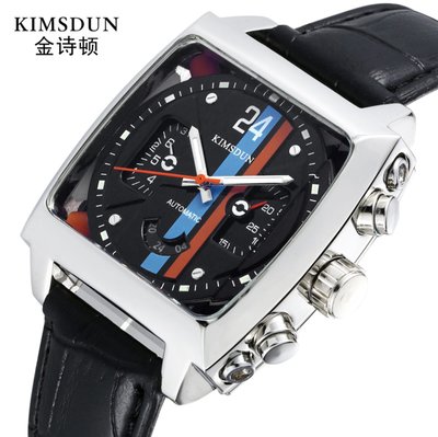 【潮裡潮氣】KIMSDUN金詩頓爆款方形皮帶男士手錶休閒運動防水全自動機械表K-722D