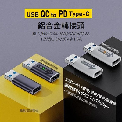 【勁昕科技】QC轉PD鋁合金轉接頭A公轉C母内置芯片USB3.1數據傳輸充電10Gbps