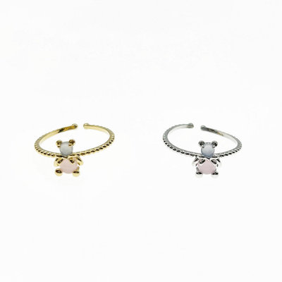 韓國 金屬 水鑽 小熊 雙色 造型 可調式 戒指