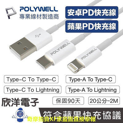 POLYWELL 充電線 PD快充線 安卓充電線 USB充電線 Type-C Lightning 適用蘋果 安卓