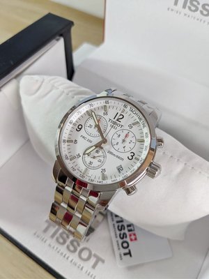 TISSOT T-SPORT PRC200 白色錶盤 銀色不鏽鋼錶帶 石英 三眼計時 男士手錶T17158632 天梭腕錶