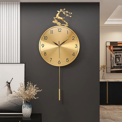 福鹿新中式鐘表掛鐘客廳家用輕奢風黃銅現代石英鐘靜音表掛-水水時尚