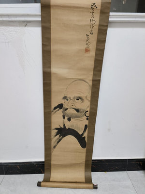 日本畫 達摩掛畫 茶室掛畫，達摩畫像，達摩 怒目圓睜，底款在