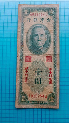 P2021台灣銀行民國38年壹圓1元限金門（AJ字軌）