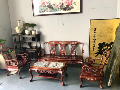 日本回流 實木螺鈿鑲嵌螺鈿家具一套 一桌兩單椅一長椅 四件