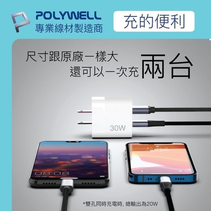 【珍愛頌】寶利威爾 PD雙孔快充頭 30W 充電器 豆腐頭 蘋果 iPhone iPad Type-C POLYWELL