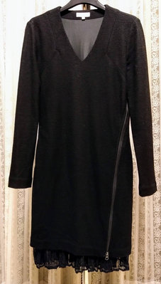 義大利SILVIAN HEACH-裙襬拉鍊細緻蕾絲雙層設計黑色毛料洋裝-不撞衫
