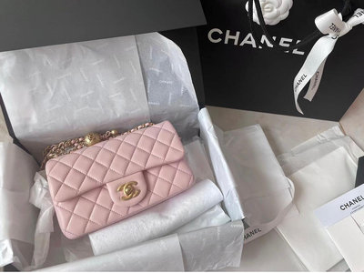 Chanel 23K 金球 mini coco CF 20cm 櫻花粉 粉色 淺粉 復古 霧金 金鏈 羊皮 AS1787 北市可面交 刷卡分期