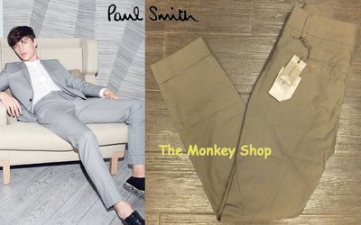 【 The Monkey Shop 】義大利製 全新正品 Paul Smith 米咖啡直條反摺休閒式長褲 西裝褲