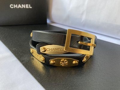 Chanel vintage香奈兒復古稀有金黃色香水四葉草cc標誌字母圖案黑色皮革古董皮帶