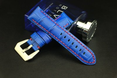 24mm高質感奪目搶眼寶藍色,紅色縫線,可替代panerai原廠錶帶之鱷魚皮紋真皮厚實錶帶