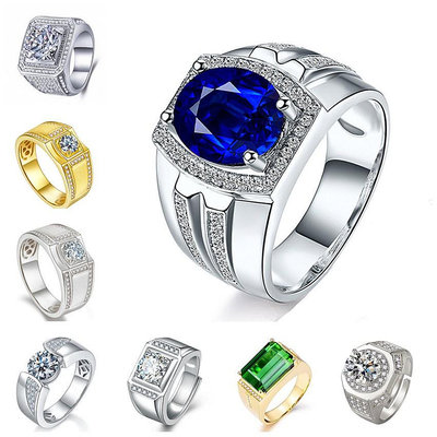 至鑽藍鑽男戒 緬甸天然藍寶石戒指鍍金鑲嵌流行戒指JJH