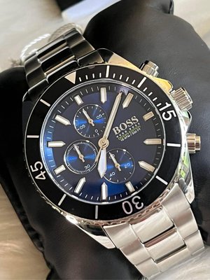 HUGO BOSS Ocean Edition 藍色面錶盤 銀色不鏽鋼錶帶 石英 三眼計時 男士手錶 1513704