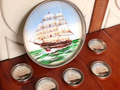 《陋室の老時光》日製老玻璃茶盤組 老玻璃鋁質框茶盤茶托組 海洋中的古船