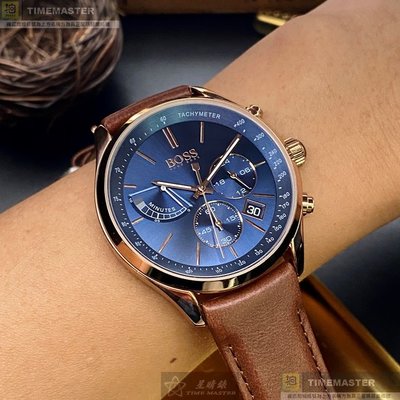 BOSS手錶,編號HB1513604,44mm玫瑰金圓形精鋼錶殼,寶藍色三眼錶面,咖啡色真皮皮革錶帶款,閃亮度冠絕全場