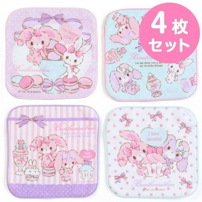 ♡fens house ♡日本進口 bonbon ribbon 粉紅 緞帶兔  綿 方巾 手帕 4條一組 16x16公分