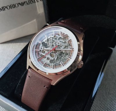 EMPORIO ARMANI 透視鏤空錶盤 棕色真皮皮革錶帶 男士 自動機械錶 AR60005 亞曼尼腕錶