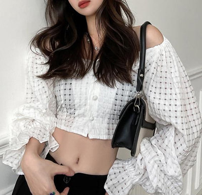 ＳｅｙｅＳ 復古雜誌款韓系時尚透膚格紋V領燈籠袖襯衫