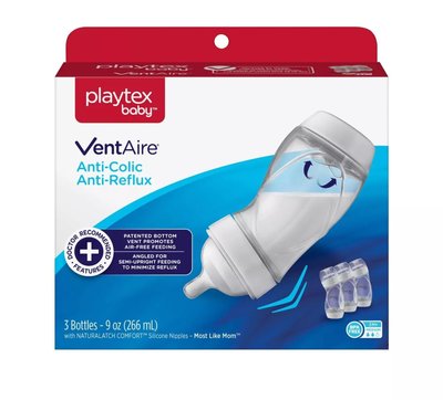 Playtex VentAire 1組3個彎曲防脹氣266mL 奶瓶 +Drop-Ins奶水杯1盒+快流速1組 【現貨】