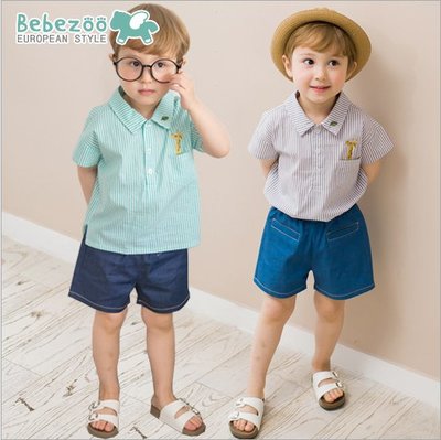 ✽Summer 夏✽韓國Bebezoo男童刺繡長頸鹿條紋襯衫+短褲套裝