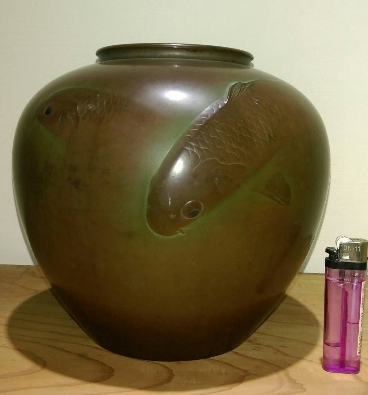 【古玩茶趣】日本古美術日本花道具銅鑄雕金鯉魚紋花瓶銅花器花道 
