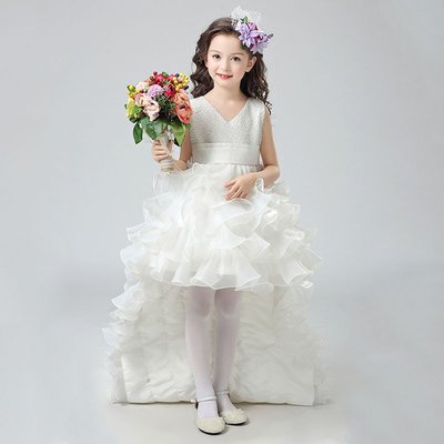新竹金奇童裝兒童女童公主裙禮服拖尾白色洋裝拖地花童禮服洋裝長裙