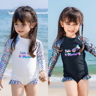 Momasong 女童泳衣 兒童魚鱗長袖連體游泳衣中小童寶寶美人魚泳裝