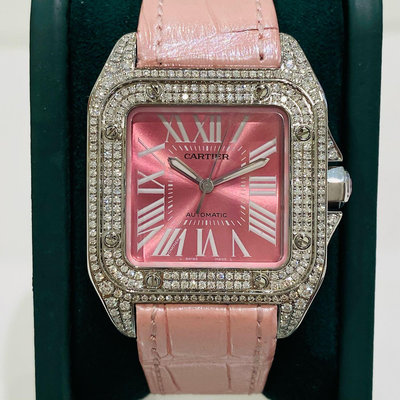 金運名錶當舖 Cartier 卡地亞 Santos 100 2878 中型款 精鋼34 皮錶帶革 精鑲鑽 單錶現貨Y61