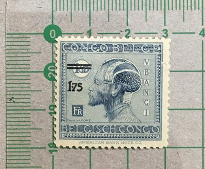 【郵卡庫2】【原住民】比屬剛果1927年SC114，烏邦吉族的頭飾加蓋改值1.75法郎，背貼新票 SP6772