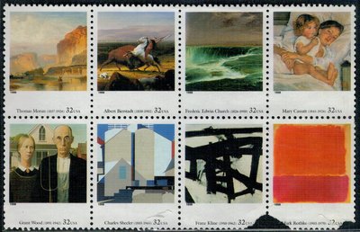 美國郵票--1998年跨四個世紀的美國藝術8枚新票無膠,下4枚損