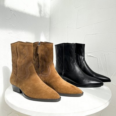 現貨熱銷-大牌潮款Massimo Dutti女鞋 秋季新品 尖頭馬丁靴粗跟中跟復古西部牛仔靴 現貨