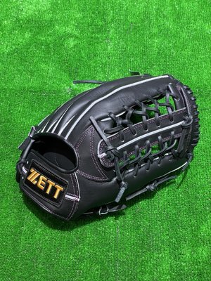 棒球世界全新ZETT牛皮棒壘手套BPGT-8127黑色T網外野特價