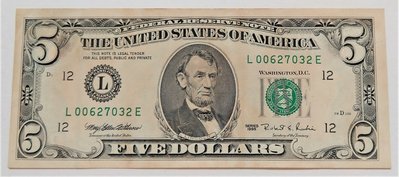 1995 年 舊版 早期 小頭 美國 5 元 Five Dollars 美金 美鈔 紙鈔 帶3無4